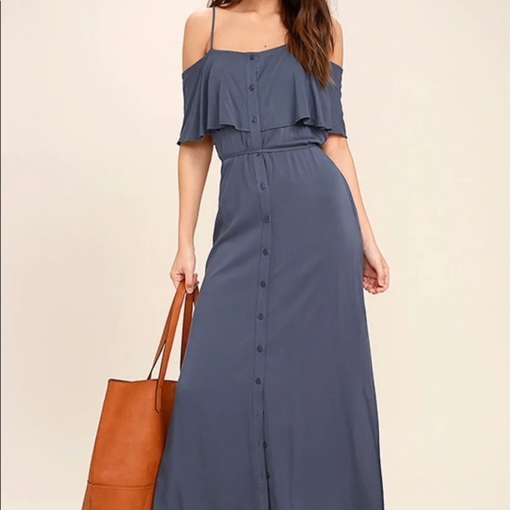 Lulu’s,Life’s Wonders Dress,Denim Blue, Wear On/Off Shoulders,Sexy Slits,Size S